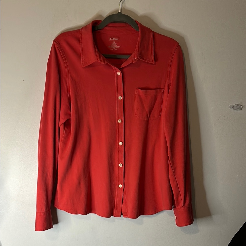 LL Bean Coral Pink Button Down Blouse Top Size Large 100%Cotton Jersey Material - Picture 1 of 10